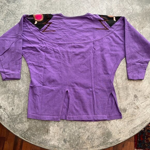 Vintage 80s Embroidered Geometric Patch Graphic Long Sleeve Shirt Purple S/M - Picture 7 of 12
